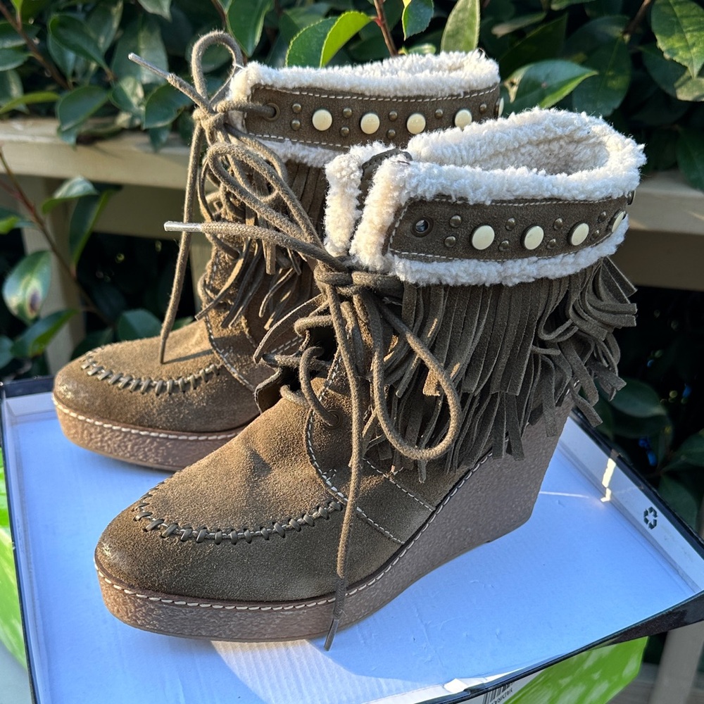 Sam Edelman Kemper Fringe Wedge Lace-up Boot Bootie SZ 9